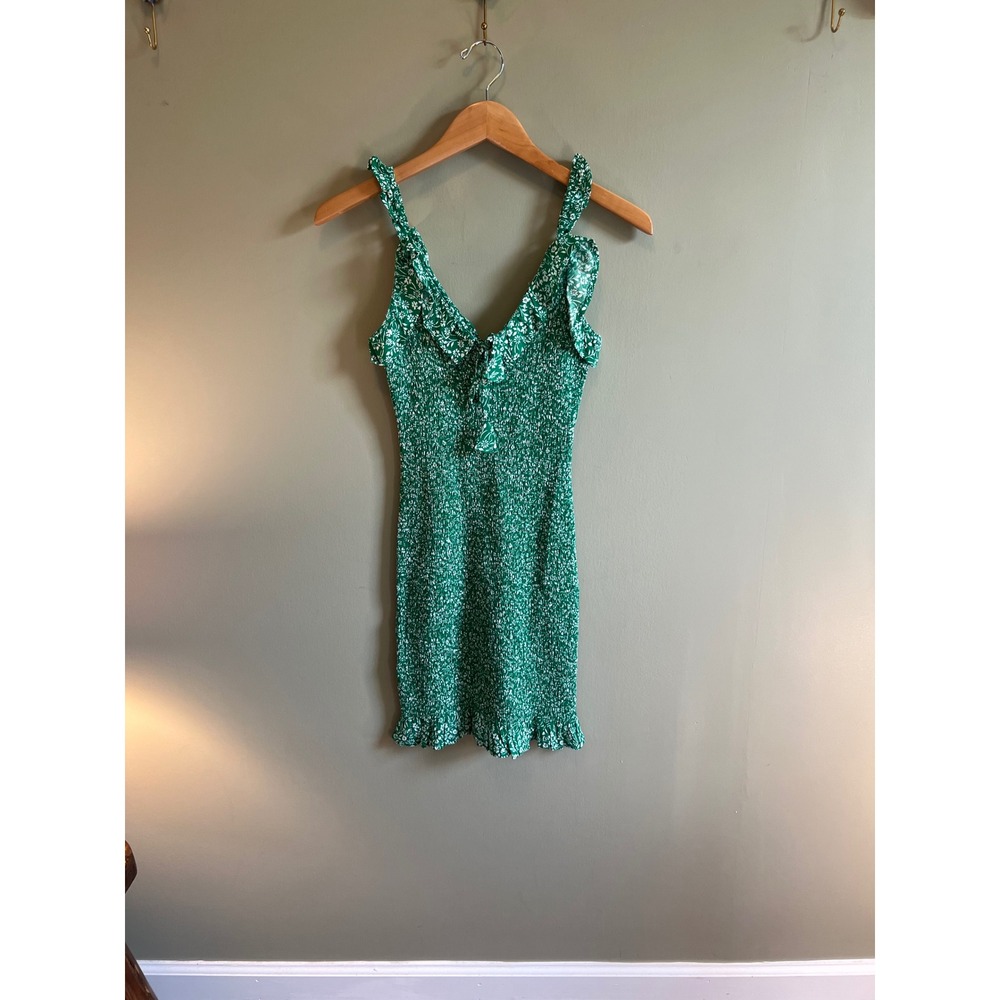 Japna Green Floral Smocked Ruffle Mini Dress XS Ditsy Print Rayon Bodycon